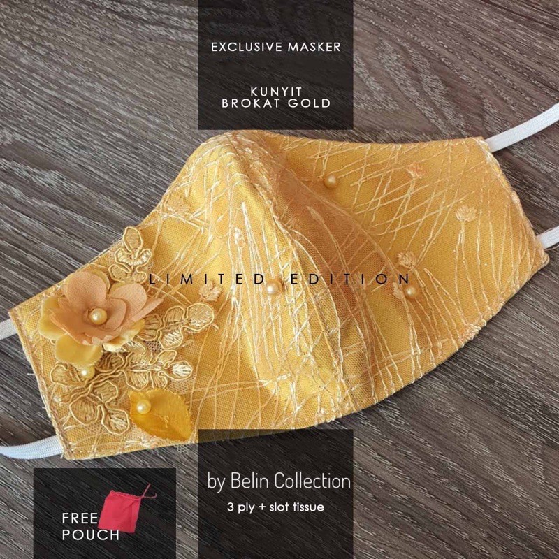 Masker Kain Brokat Premium Pesta 3ply | Kuning Kunyit Brokat Gold Bunga 3D