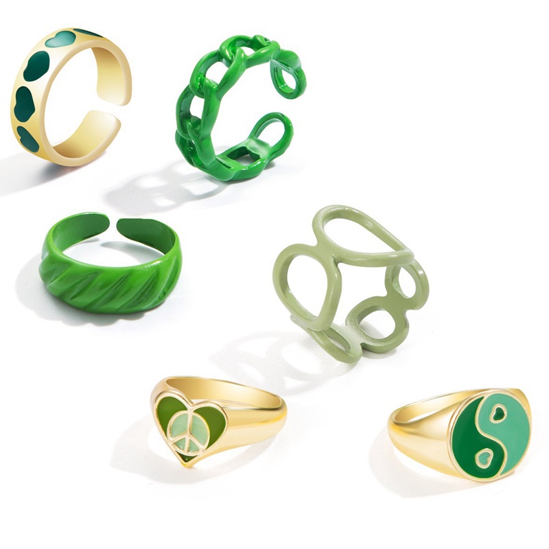 3pcs / Set Cincin Desain Bordir Hati Bahan Metal Warna Hijau Untuk Wanita