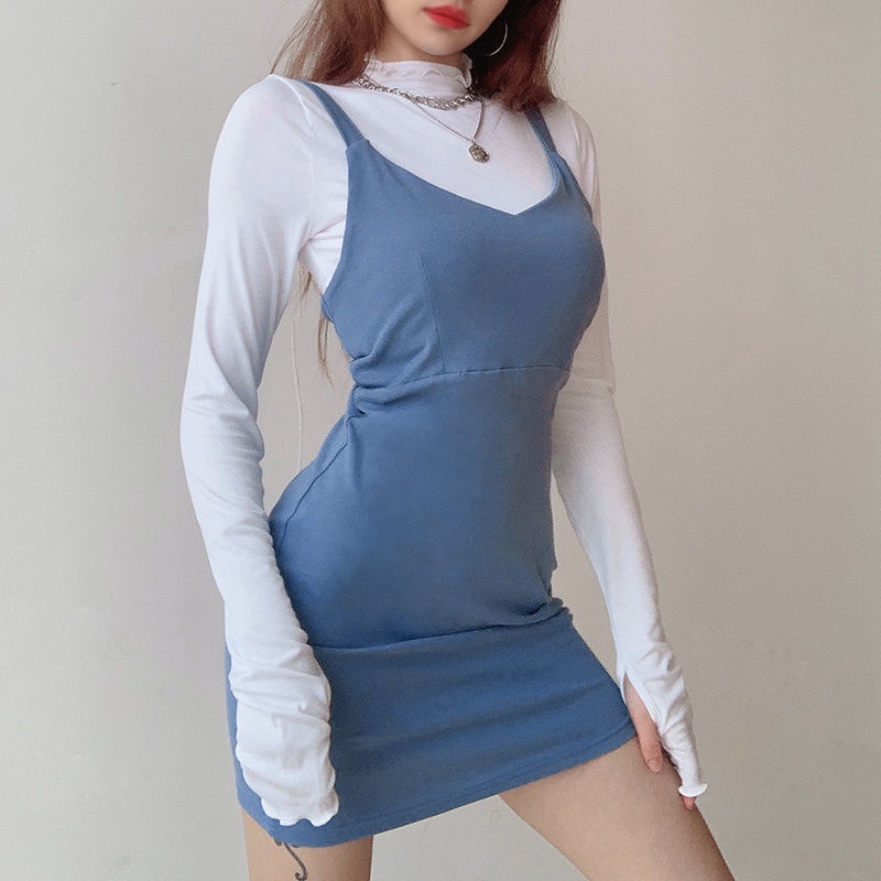 BIIKPIIK gaun dua potong wanita warna solid leher bulat T-shirt lengan panjang + rok suspender rampi