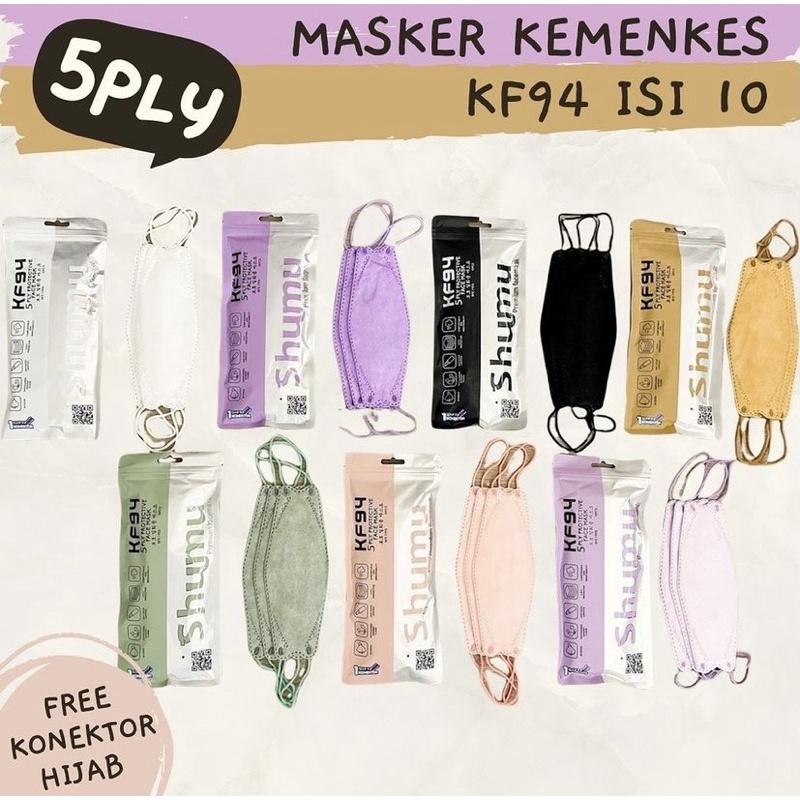 MASKER KF94 SHUMU 5PLY FREE KONEKTOR 1PACK ISI 10PCS MIX WARNA