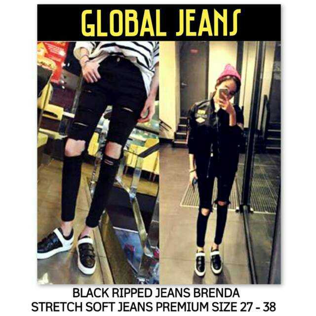 Celana Jeans Wanita Jumbo Hitam Sobek / Black Ripped Jeans Big Size Brenda