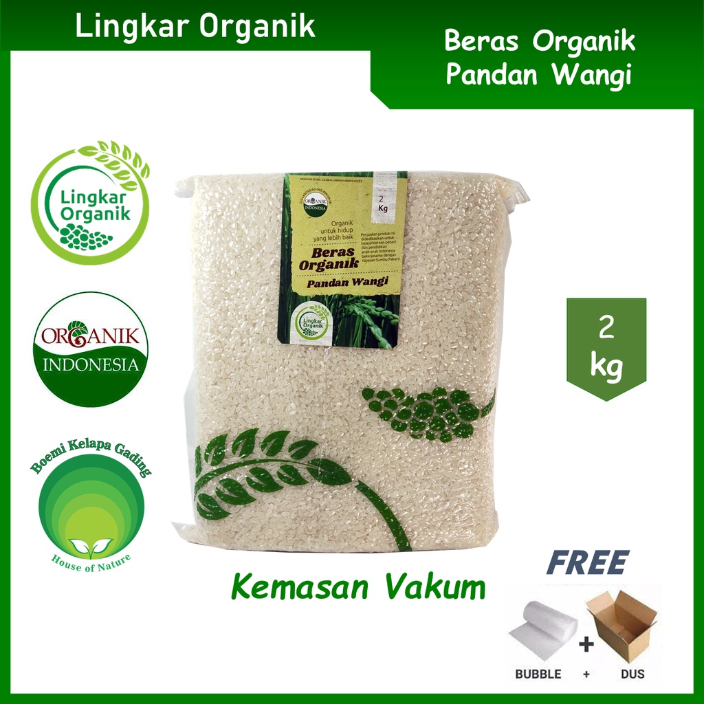 

Lingkar Organik Beras Putih Pandan Wangi Organik Non GMO 2 kg Kemasan Vakum