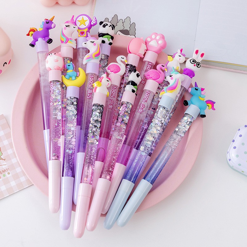 PULPEN GEL GLITTER AIR CRISTAL PINK UNICORN FLAMINGO QUICKSAND BEAUTIFULL Pena anak perempuan Cute
