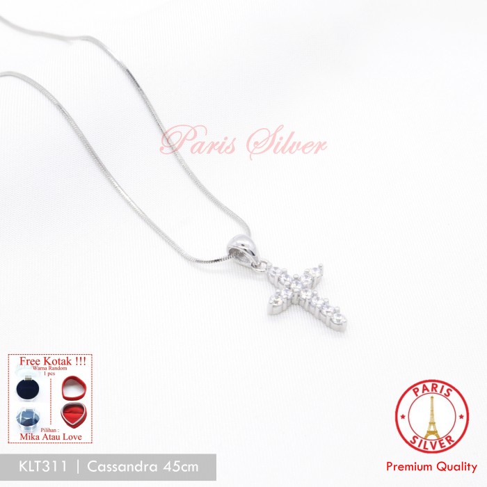 Kalung Salib Liontin Cassandra Mini Silver 925 lapis emas putih wanita - 45cm, Cassandra