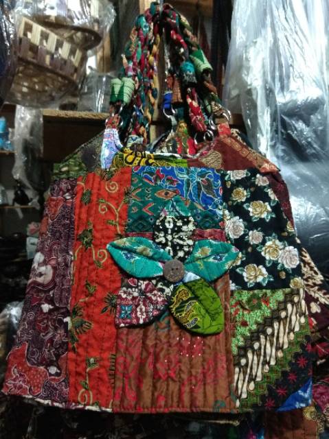 (BISA COD) TAS BATIK PERCA TALI KEPANG DENGAN BUNGA 38 x 33 cm - HAND BAG WANITA - SOUVENIR MURAH