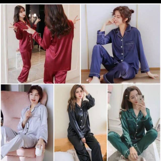 Setelan baju tidur piyama bahan satin kra kancing lima