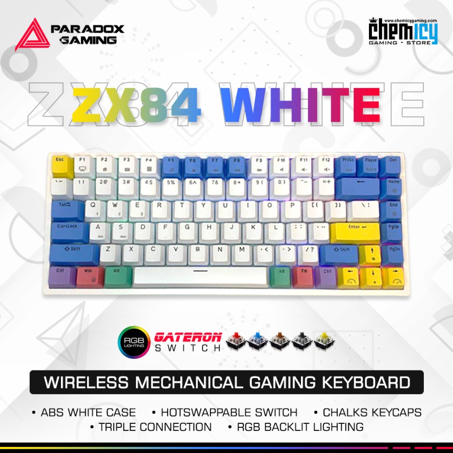 Paradox Gaming ZX84 White Hotswap Wireless Mechanical Gaming Keyboard