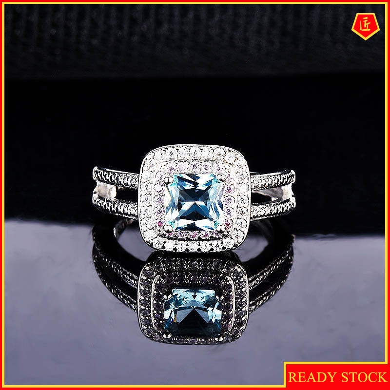 [Ready Stock]Luxury Full Diamond Topaz Sea Blue Diamond Ring