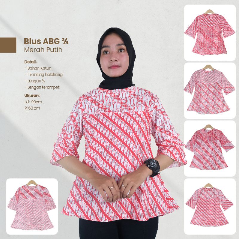 Blus Batik Wanita Lengan 3/4 Merah Putih- Naira Batik