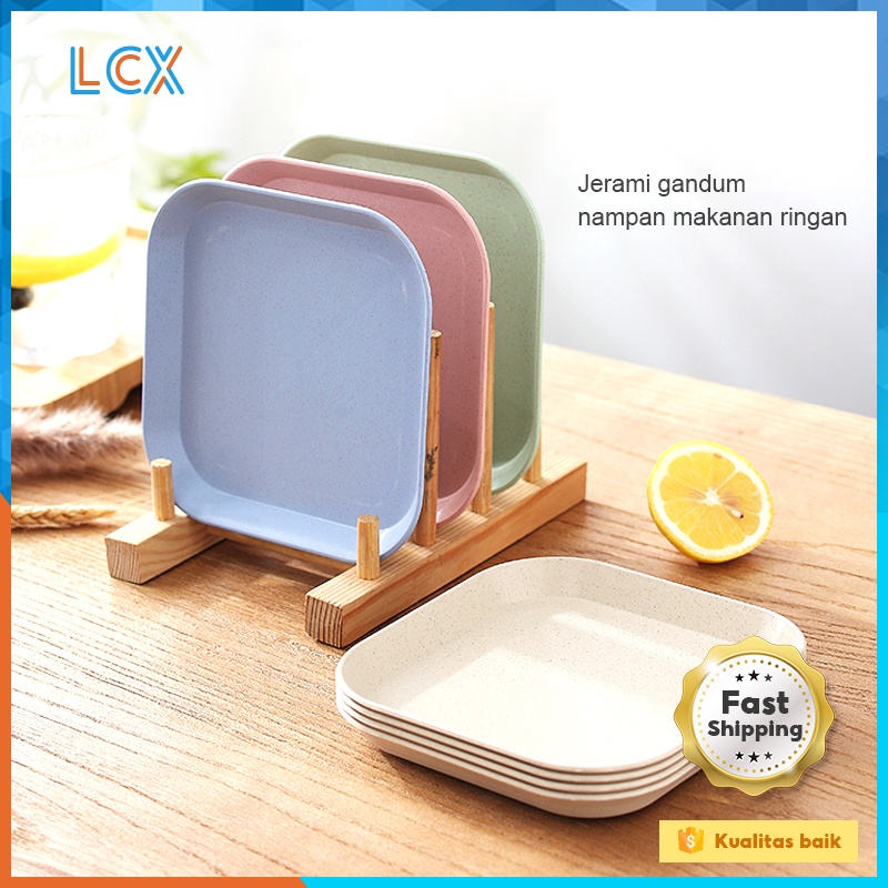 LCX Wheat Straw Piring Square Plate Set 4 Pcs Warna Warni Dinner Plate Bentuk Kotak Piring Makan