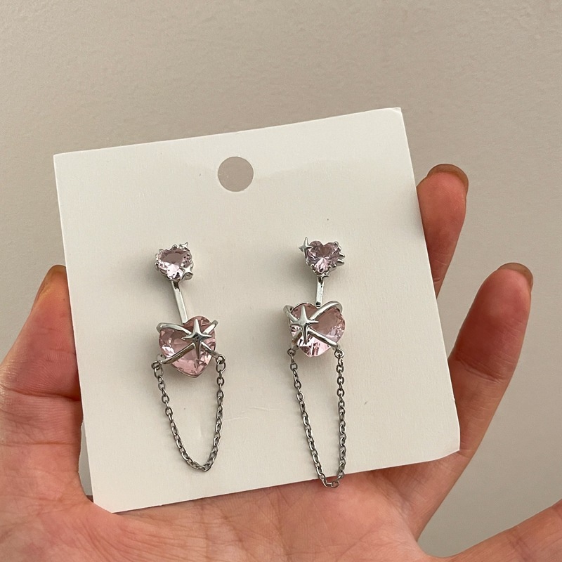 Anting Bentuk Hati Dan Bintang Aksen Zirkon Warna Pink Untuk Aksesoris