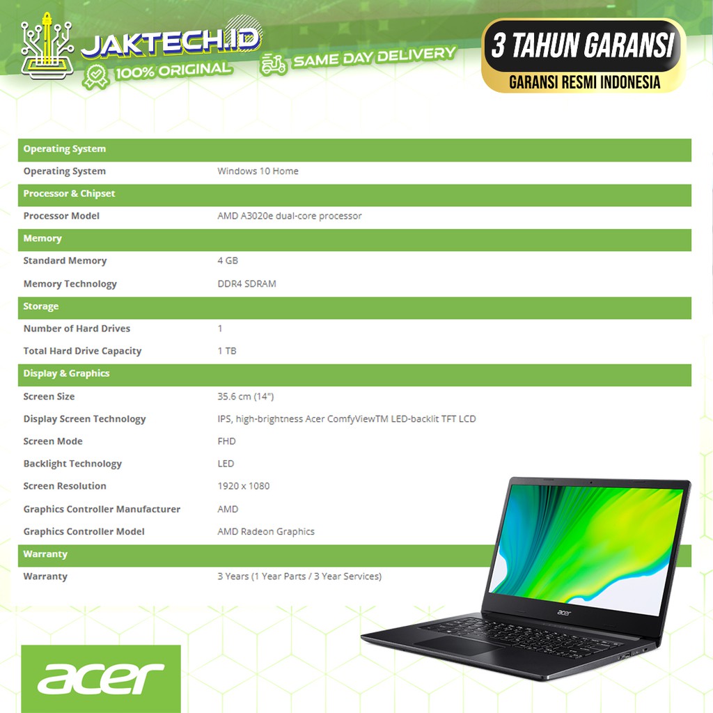 ACER Aspire 3 Slim A314-22 AMD Athlon A3020e 4GB HDD 1TB WIN10+OHS (14&quot;)