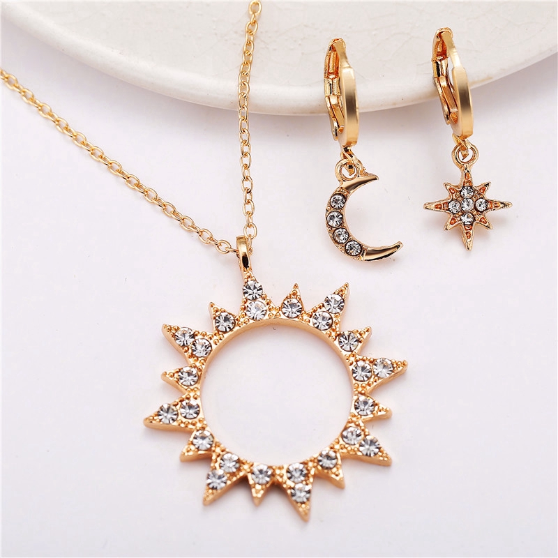 Fashion Galaxy Series Necklace Women Star Moon Sun Gold Dangle Necklaces Earrings Set Gifts Jewelry