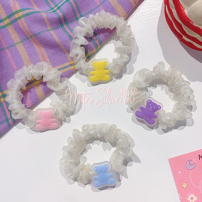 [MS108]  KCR 24 IKAT RAMBUT SCRUNCHIE KOREA MOTIF BERUANG / IKAT RAMBUT WANITA / KUNCIRAN RAMBUT TRANSPARAN
