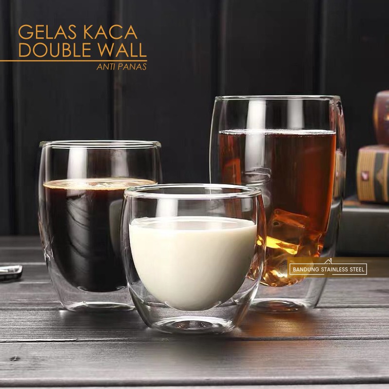 Jual Gelas Kopi Dua Lapis Kaca Anti Panas Double Wall Glass Cangkir 250ml 350ml 450ml Lucu 4988