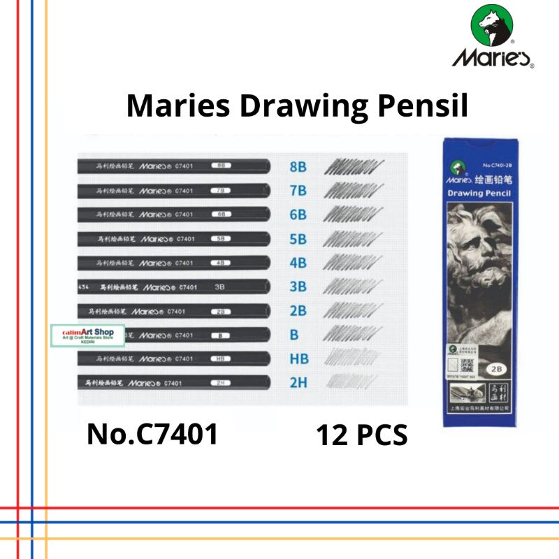 C7401 Pensil Gambar Maries Drawing Pencil Set 12pcs 2H-12B