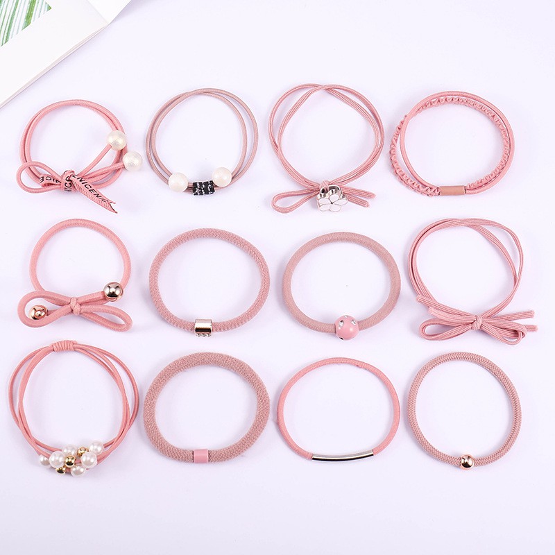Ikat Rambut Karet Simple Wanita Gaya Korea 12 in 1 Aksesoris Rambut Wanita-Pink