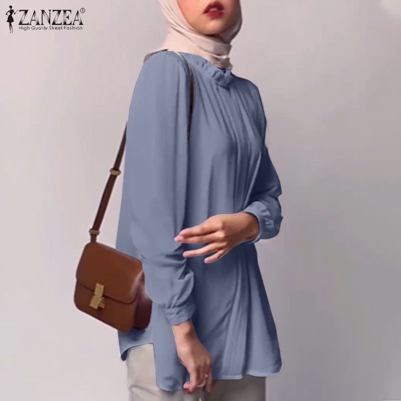 ZANZEA Retro Women Tops Blouse Muslim Solid Full Sleeve O Neck Casual Loose Holiday Office Shirt