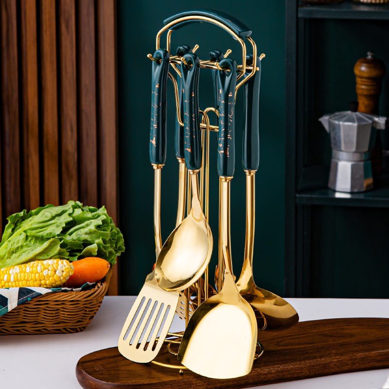 7IN1 CERAJADE Golden Spatula Kitchen Utensil Set / SPATULA MASAK GOLD JADE SET EMAS ELEGANT MEWAH / SPATULA KITCHEN TOOLS