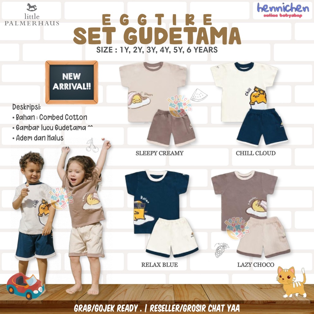 PROMO 7.7 PROMO BAJU LEBARAN Little Palmerhaus - Egg-Tire Set Gudetama Setelan Baju Pendek Celana Pendek Anak 1-6 Tahun