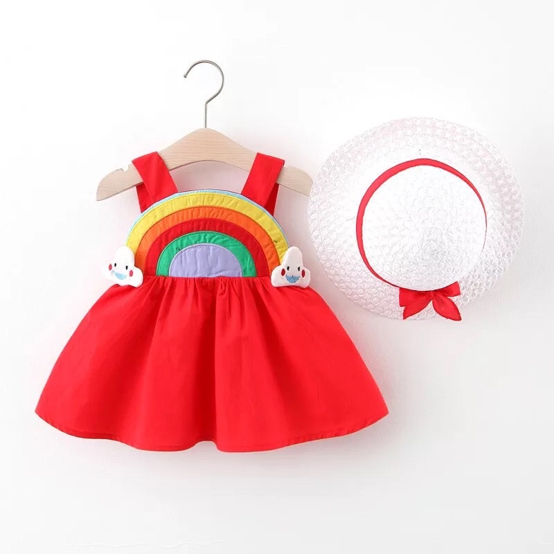 Dress Anak Perempuan Bahan Katun Import Premium Dress Anak Perempuan Set dengan Topi Lucu Set Dress Anak Cewe Rainbow Merah Rok Terusan Anak Perempuan Katun Dress Anak 2 in 1 Topi