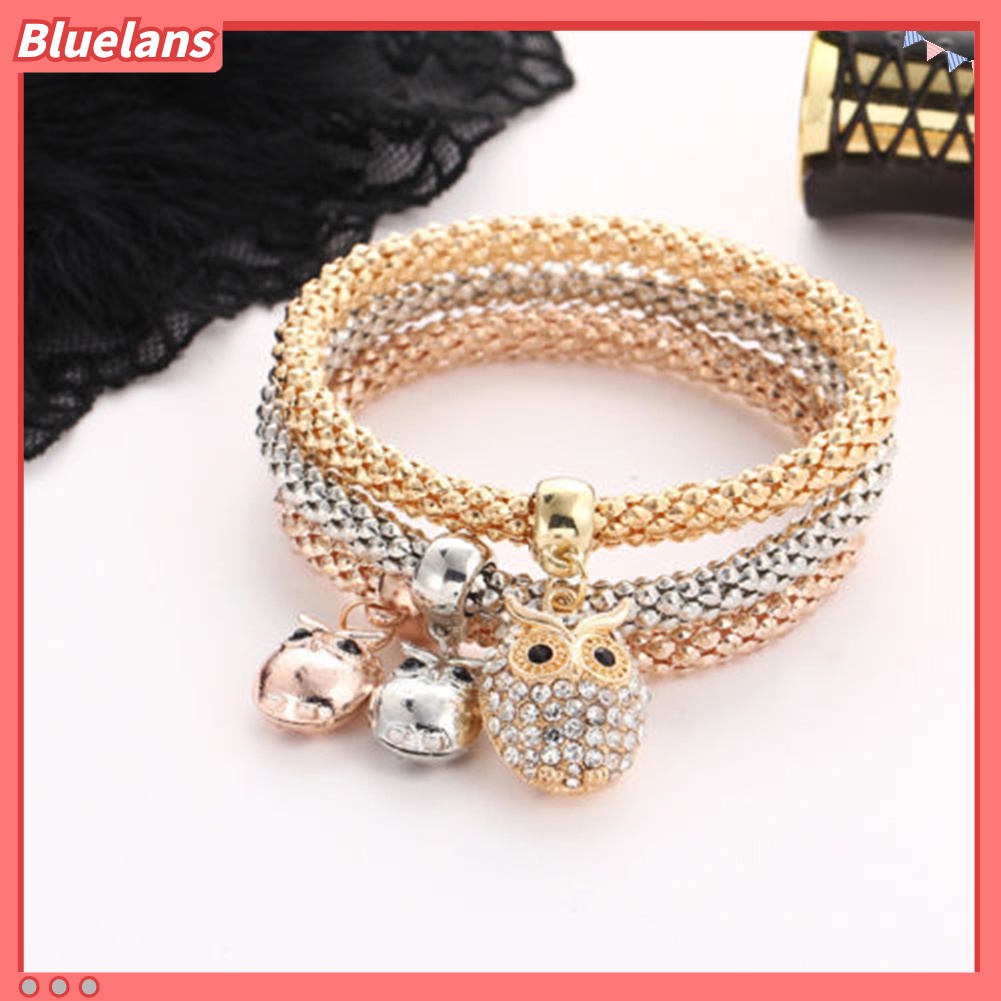 Bluelans 3Pcs Women Fashion Owl Tree Bracelets Rhinestone Pendant Bangle Jewelry Gift