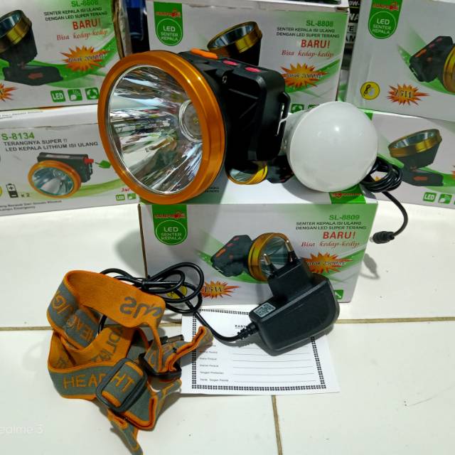 Senter Kepala Cas Sunpro 15 Watt SL-8809 Cahaya Putih Senter LED Super Terang Jarak Jauh