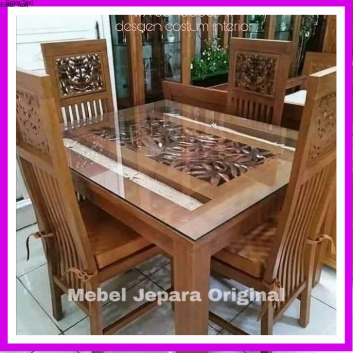 meja makan kayu jati ukir kursi 4 + kaca