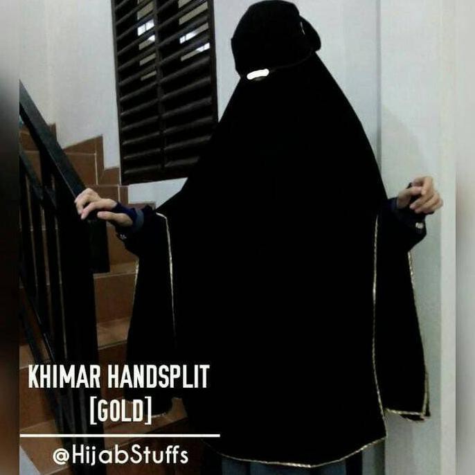 Hot Produk Khimar Long Handsplit (Sebetis) List Hitam | Jilbab Bergo Jumbo Syari Terlaris