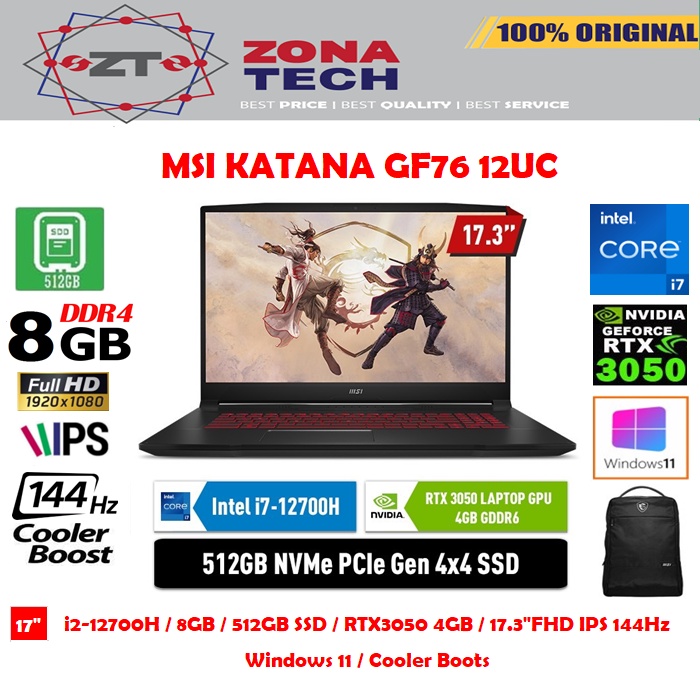 MSI KATANA GF76 12UC - i7-12700H - 8GB - 512GB SSD - NVIDIA RTX3050 4GB - 17.3&quot;FHD IPS 144Hz - W11