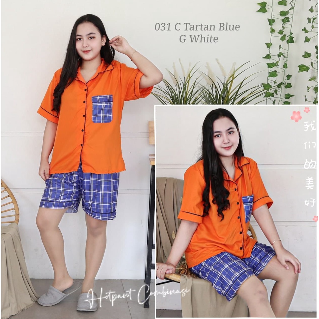 IZANY Piyama Dewasa Hotpant Combina Allsize / HP  Combina Saten Apple LD 100-031 TARTAN BLUE G WH