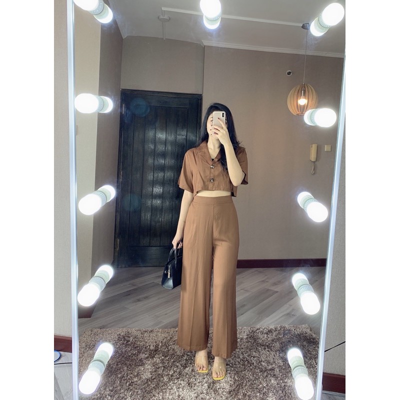 ZENAYA SET SETEL281 SETELAN BAJU CROP DAN CELANA PANJANG KULOT BUSUI SETEL281-Brown