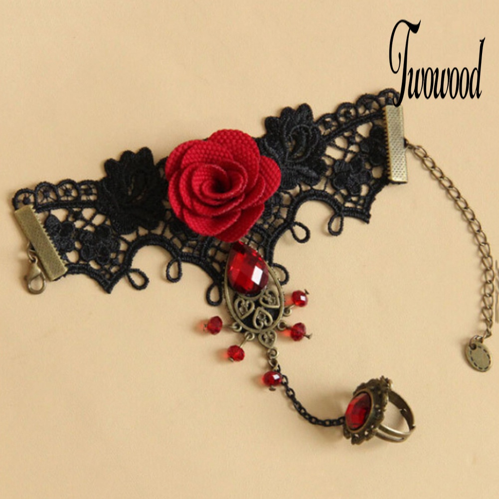 Gelang Cincin Jari Bahan Lace Motif Bunga Mawar Gaya Gothic Untuk Wanita