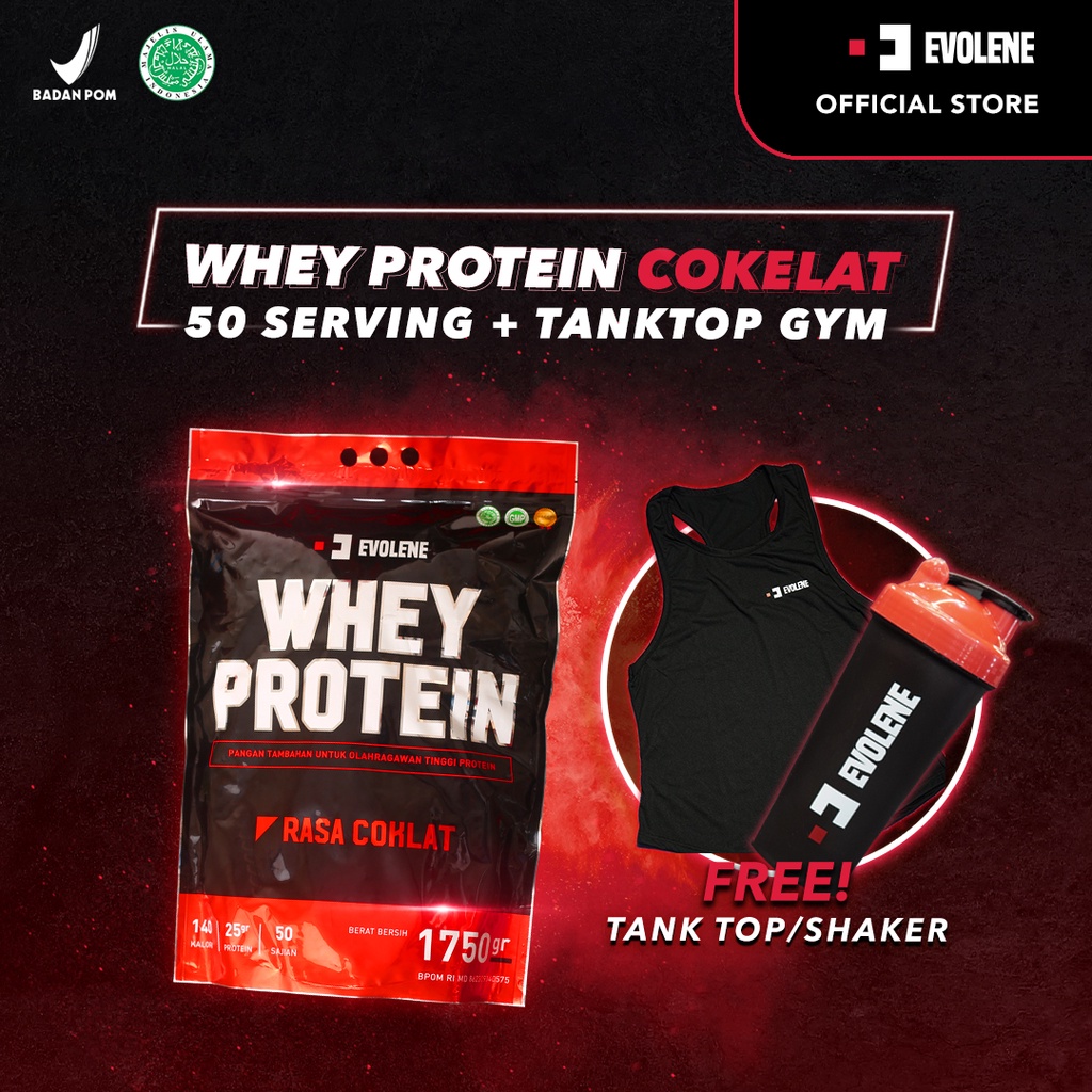 Whey Protein Coklat 1750gr/50 Sachet Free Shaker - Suplemen fitness pembentuk Otot - Defisit kalori - Susu Protein - Suplemen Fitness - Minuman Protein - Suplemen Workout Evolene Evoline Evolen