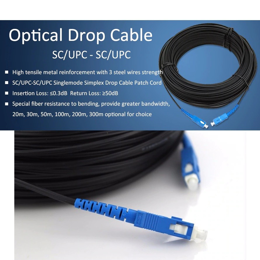 Kabel Fiber Optik Optic Drop Cable SM SC UPC M-M Patch Cord FTTH 100m