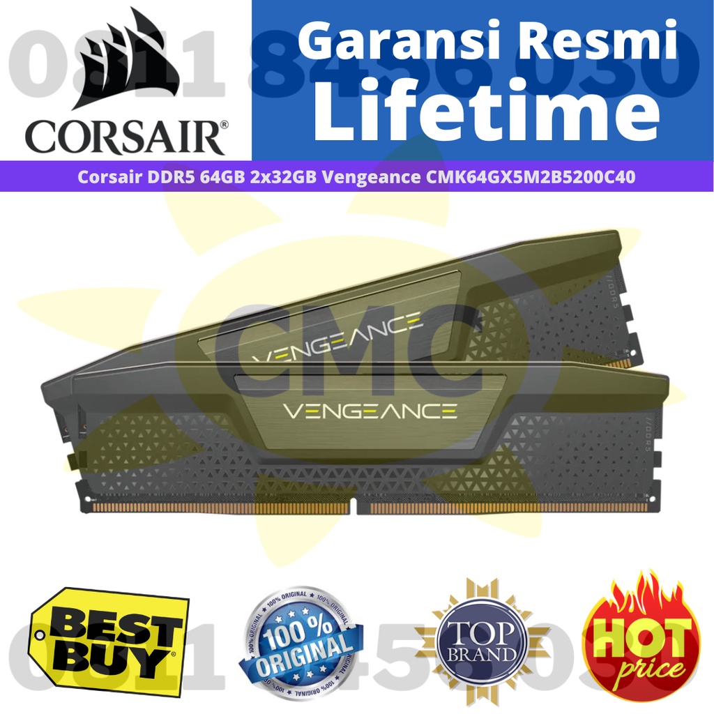 CORSAIR VENGEANCE 64GB 2x32 DDR5 5200MHz C40 CMK64GX5M2B5200C40 Resmi