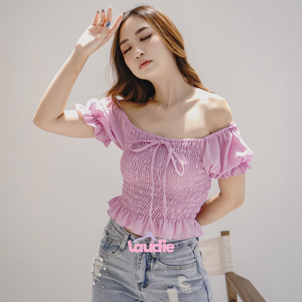 [LAUDIE OFFICIAL] - Lauryn Top I Sabrina Kerut Crop Top Lengan Pendek
