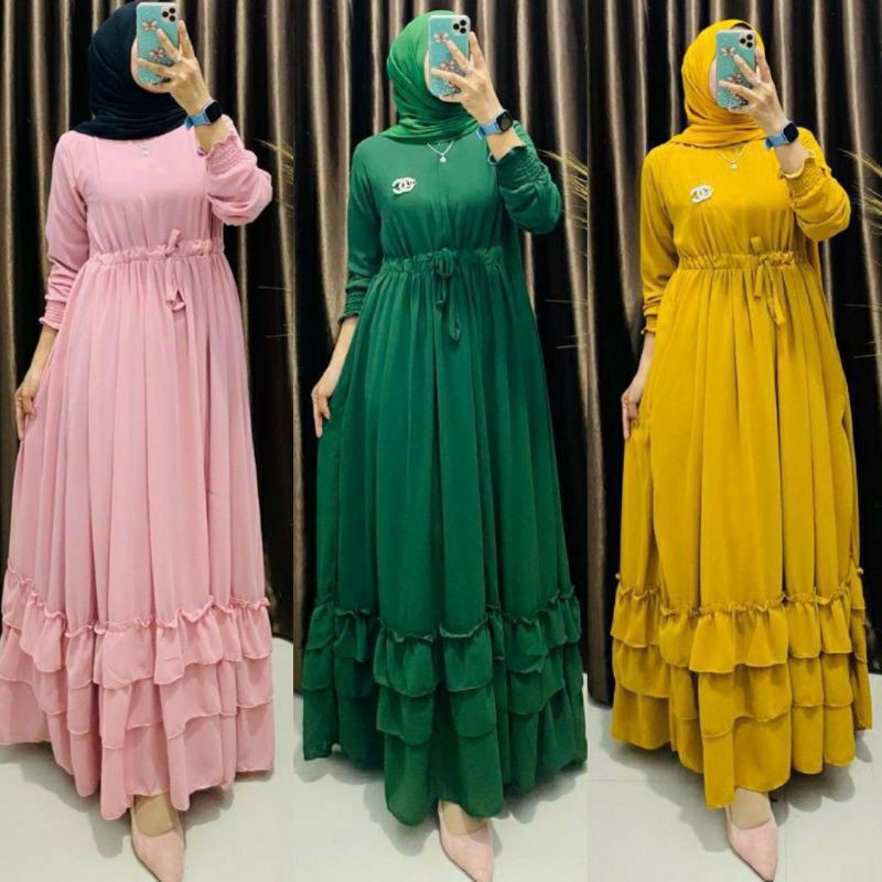 Gamis Ceruty Ainun umpak Polos/Dres Muslim Renda Bawah/Maxy Ceruty Terbaru