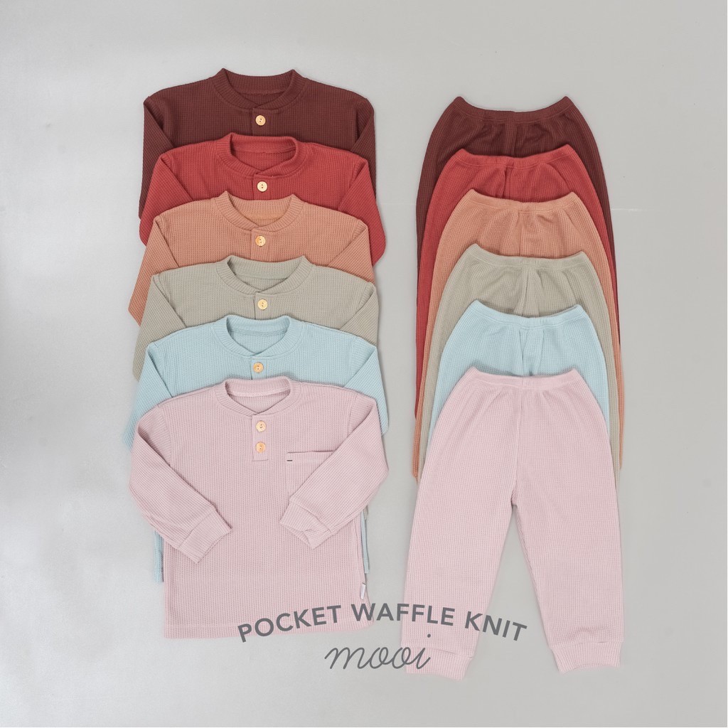 Mooi Setelan Anak Pocket Waffle Knit Set 1-5 Tahun Setelan Panjang Mooi CBKS