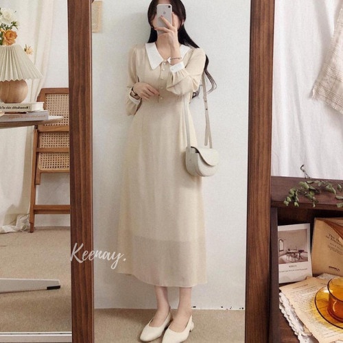 Yona Midi Dress Wanita Korea Vintage Baju Wanita Lengan Panjang - Cream