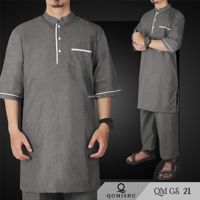 Miliki Segera  Gamis Pria Muslim Putih Qomis Baju Koko Dewasa Setelan Pakistan Celana 039