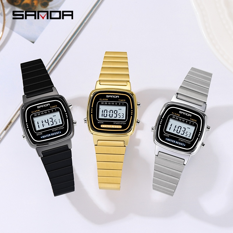 SANDA 6053 Jam Tangan Wanita Digital EL Backlight Business Watch Stainless Steel WATCHKITE WKOS