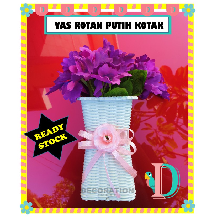 [BEST SELLER] Pot Vas Bunga Rotan Kotak Putih + Pita Pink Pot Plastik Cantik Murah