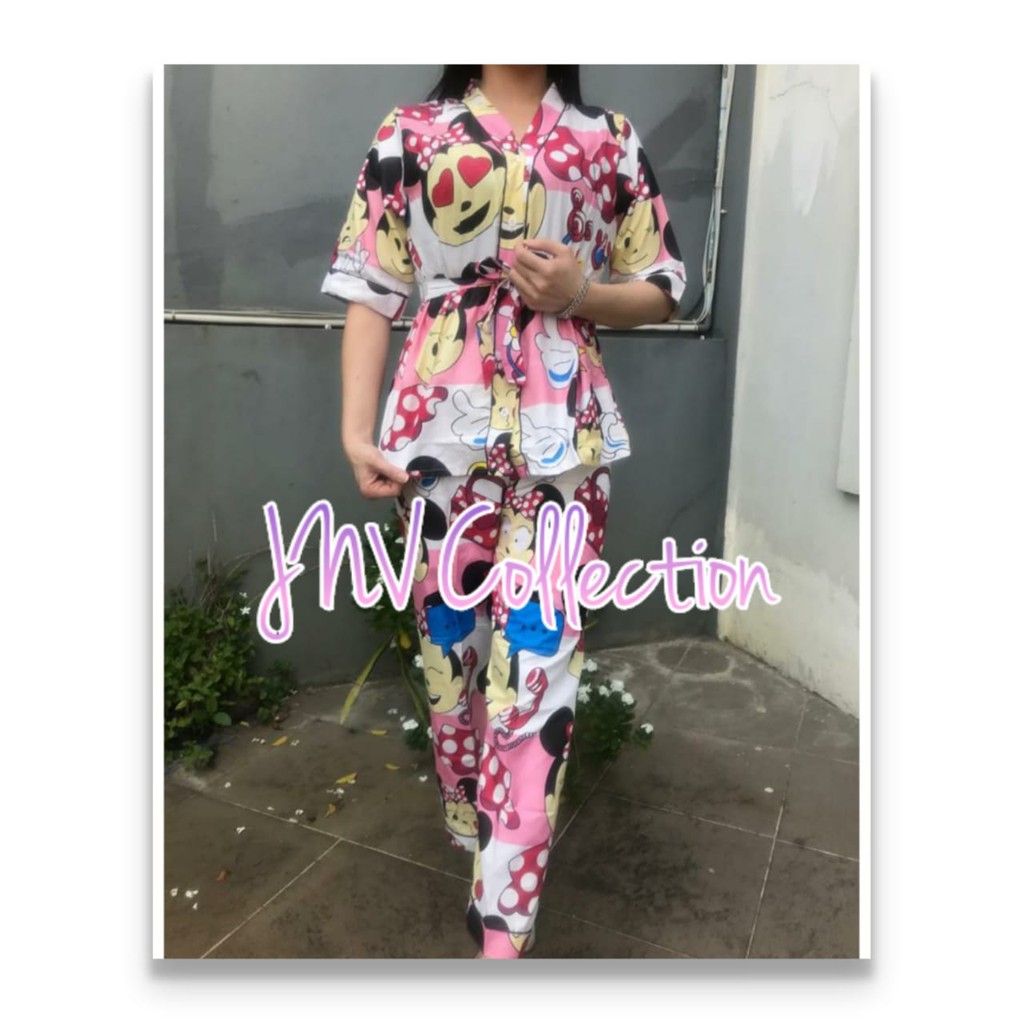 JNV Setelan Kimono CP Wanita Motif Karakter Kartun - Baju Tidur Kimono Lengan Pendek - Bahan Katun-Micky Phone