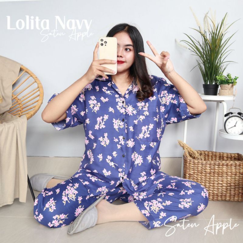 Baju Tidur Piyama Wanita Dewasa Piyama Baju Santai Motif Bunga-Lolita navy