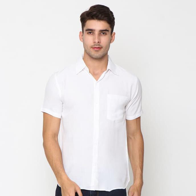Fashion modern Atasan Pria L - XXL Baju Kerja Kemeja Pria Denim Tangan Pendek Jhonny - Putih