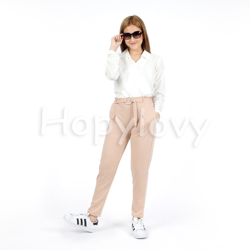 HOPYLOVY - Celana Panjang Wanita Bahan Scuba Tebal / Celana Bahan Wanita / Celana Kerja Variasi Ring Belt Ragna