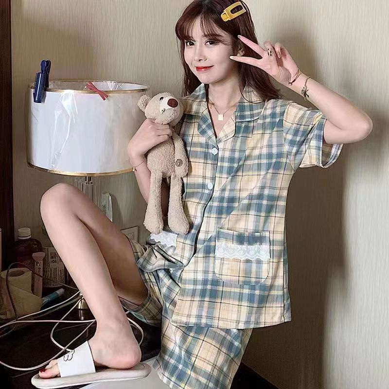 RULIF Baju tidur krah pendek wanita import Homewear/Piyama oneset Katun Kaos The Peach