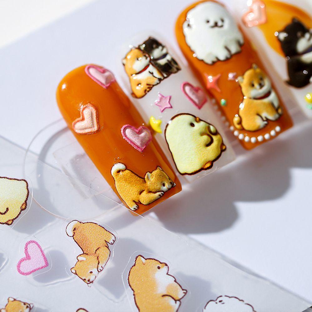 Needway  Kartun Stiker Kuku Wanita 3D Relief Hewan Kelinci Anjing DIY Nail Art Dekorasi