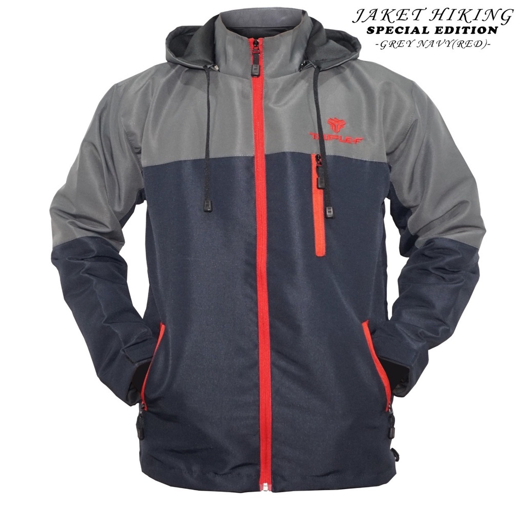 Jaket Gunung Parasut Outdoor Polos Pria Wanita Taslan Hiking Red Zipper Hitam Navy Abu Grey Siz L XL Original Triple F